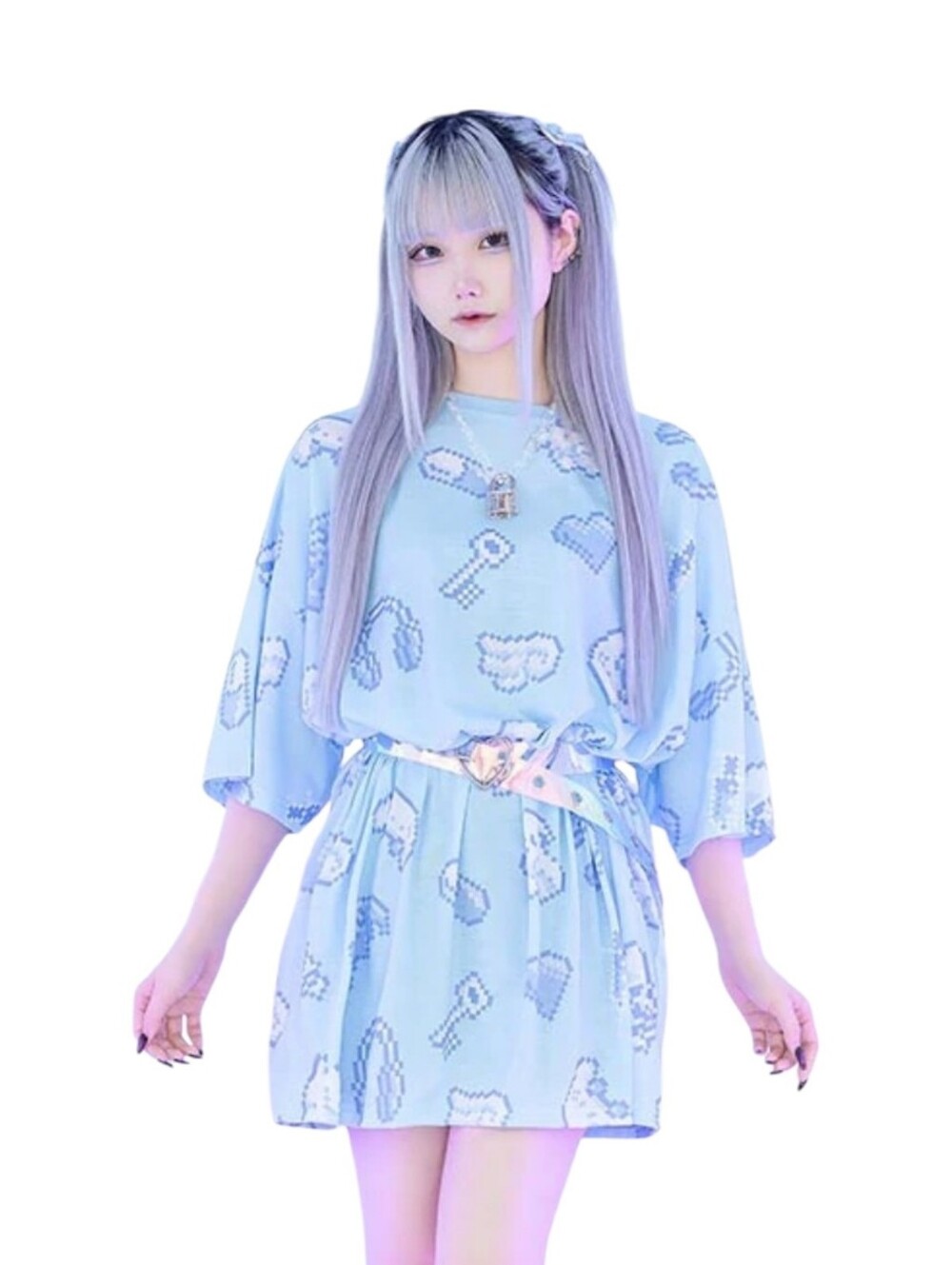 LISTEN FLAVOR kawaii Japan baby blue retro pixel gamer tunic dress M